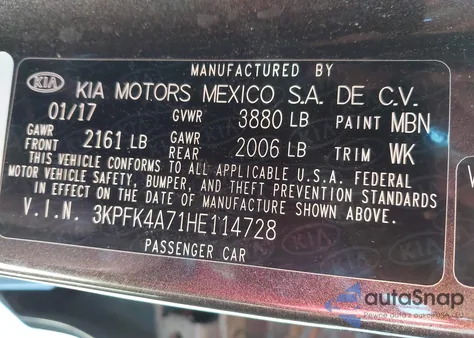 2017 Kia Forte Lx from USA, damaged, VIN 3KPFK4A71HE114728